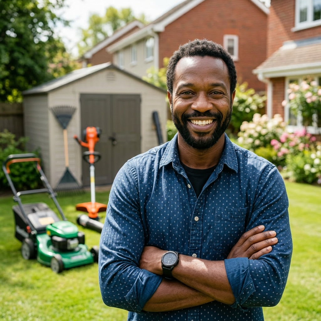 Smiling man with crossed arms standing in backyard with lawn mower, rake, and trimmer