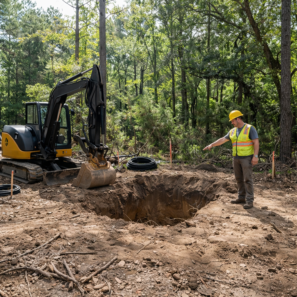Construction worker in safety gear standing near a large excavation pit with an excavator beside it in a forested setting